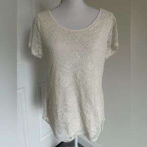 Leo & Nicole Cream Floral Lace Short Sleeve Scoop Top